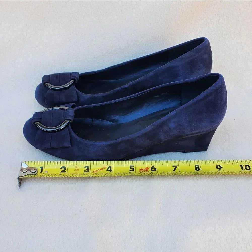 Vaneli blue suede wedges with attached ribbon buckle